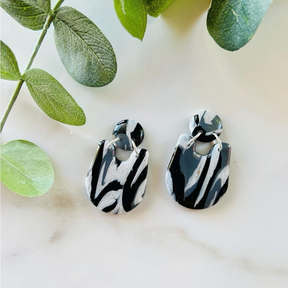 Black and White Abstract lightweight clay handmade Earrings